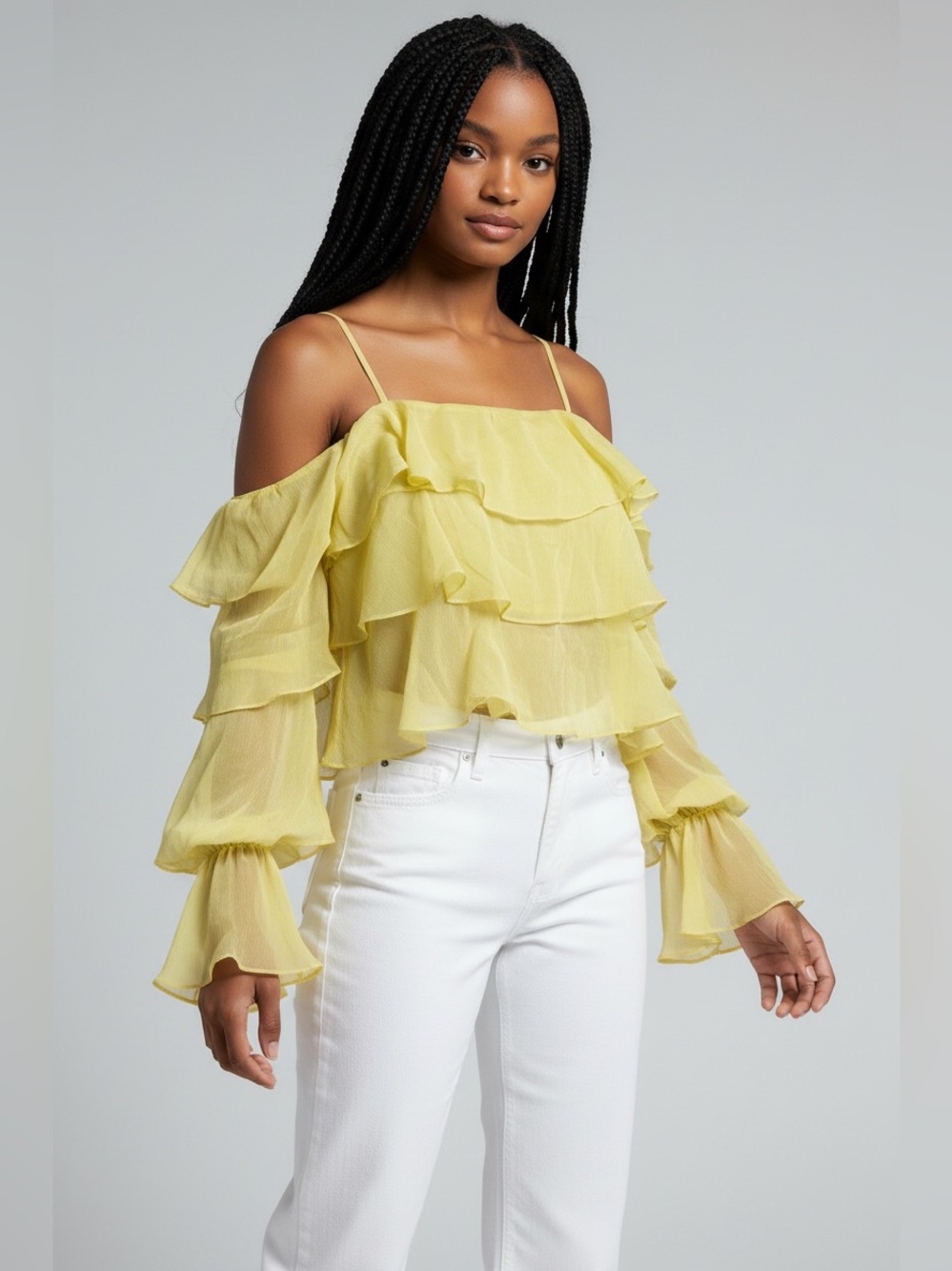 BCBGeneration Womens Large Yellow Ruffle Off Shoulder Blouse Tiered NWT